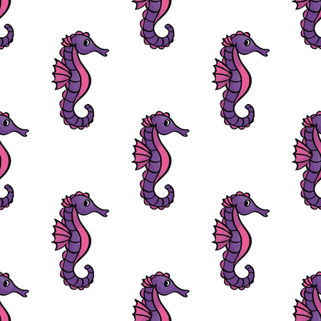 Seamless pattern in doodle style with the image of a cute sea horse isolated on a white background. Vector illustration.のイラスト素材