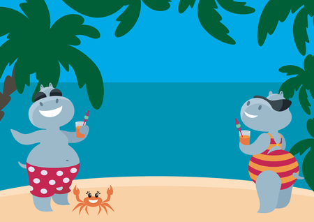 The vector image of the amusing hippopotamuses having a rest on the beach. A children's background in a cartoon style.のイラスト素材