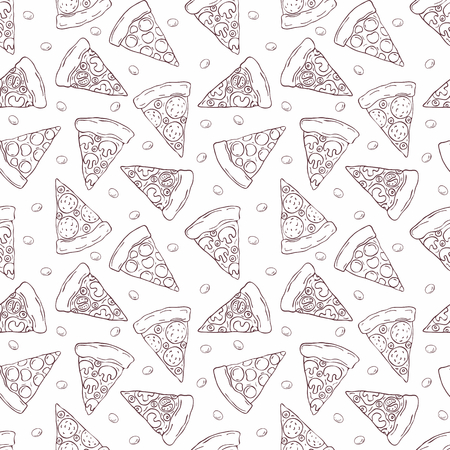 Seamless pattern in doodle style with the image of a sliced ??pizza. Vector background.のイラスト素材
