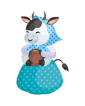 Pretty cow with a jug of milk in a cartoon style. Vector illustration isolated on a white background.のイラスト素材