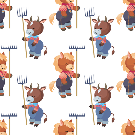 Full-color seamless pattern with the image of cute farm animals. Vector background.のイラスト素材