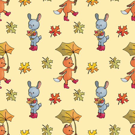 Autumn seamless pattern with cute forest animals in doodle style. Colorful vector background.のイラスト素材