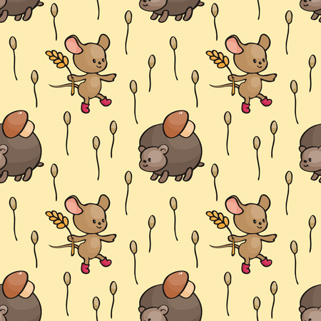 Autumn seamless pattern with cute forest animals in doodle style. Colorful vector background.のイラスト素材