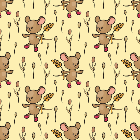 Autumn seamless pattern with cute forest animals in doodle style. Colorful vector background.のイラスト素材