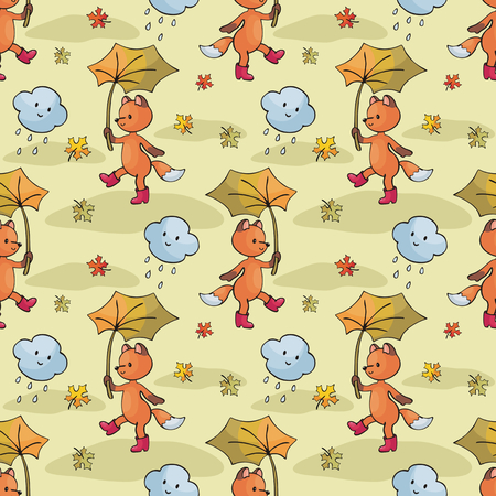 Autumn seamless pattern with cute forest animals in doodle style. Colorful vector background.のイラスト素材
