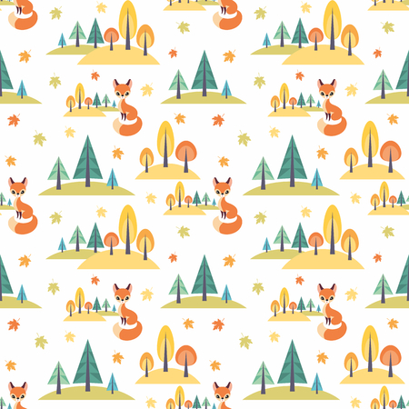 Autumn seamless pattern with cute forest animals in cartoon style. Childhood vector background.のイラスト素材