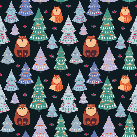 Christmas seamless pattern with cute animals. Childhood vector background in ethnic style.のイラスト素材