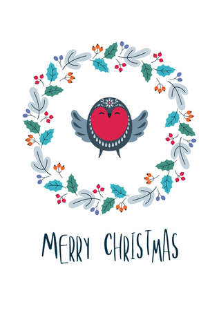 Christmas greeting card with cute bird. Vector background.のイラスト素材