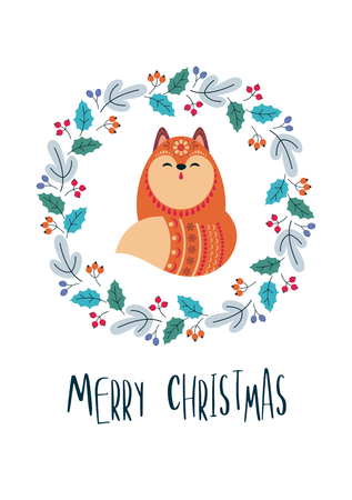 Christmas greeting card with cute fox. Vector background.のイラスト素材