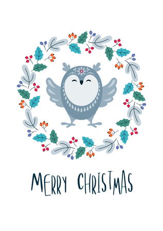 Christmas greeting card with cute owl. Vector background.のイラスト素材
