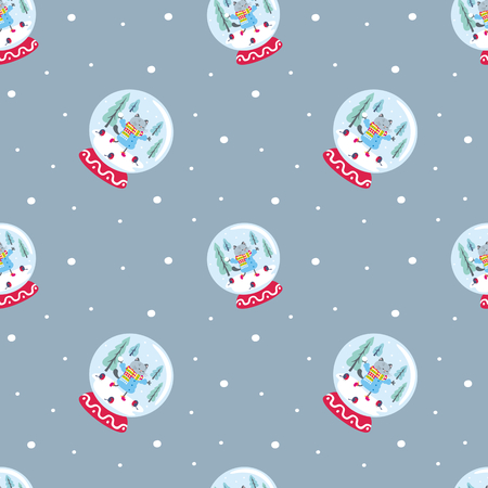 Funny seamless pattern with snow globes and cheerful cats. Vector background.のイラスト素材