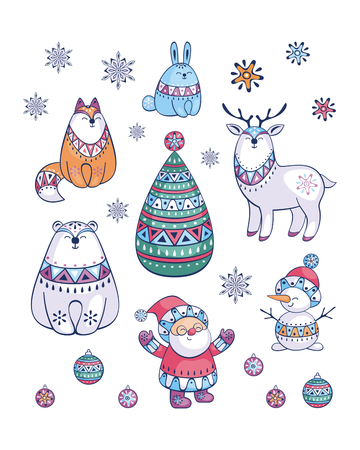 Santa Claus and cute animals in ethnic style. Christmas illustration isolated on a white background. Vector set.のイラスト素材