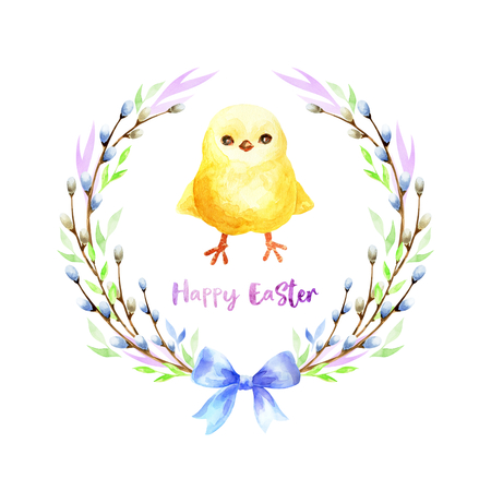 Hand drawn Easter design with cute chicken on a white background. Watercolor painting.の写真素材