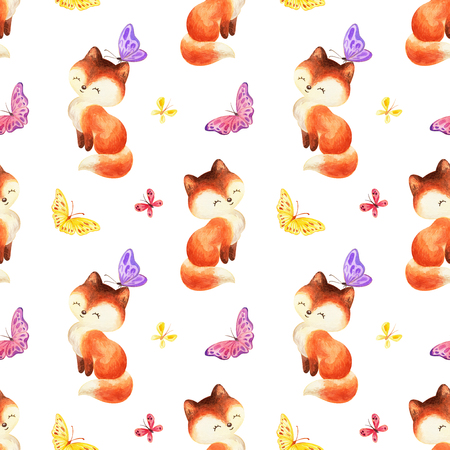 Childhood seamless pattern with cute red foxes and butterflies. Hand painted watercolor illustrations isolated on a white background.の写真素材