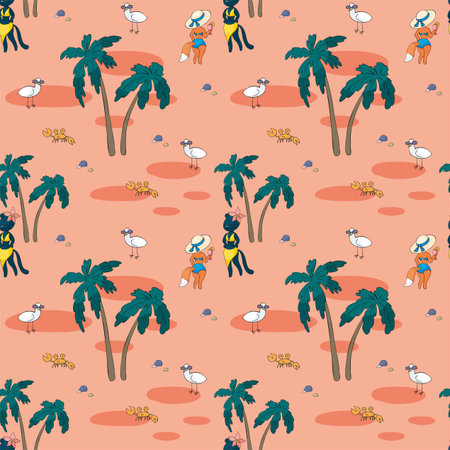 Colorful seamless pattern with cute animals and summer beach. Vector background in doodle style.のイラスト素材