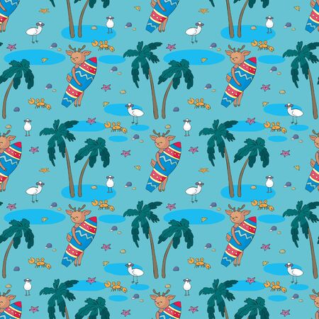 Colorful seamless pattern with cute animals and summer beach. Vector background in doodle style.のイラスト素材