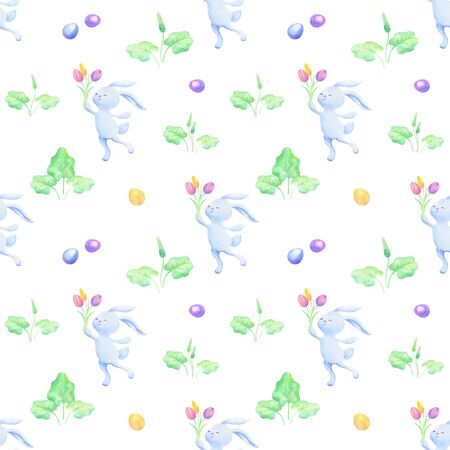Easter seamless patterns with  cute bunnies and colored eggs.  colorful backgroundの写真素材