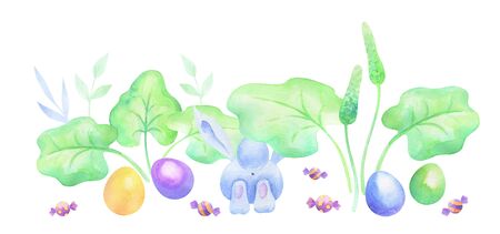 Cute Easter bunny with spring flowers and eggs.    illustration isolated on a white background.の写真素材