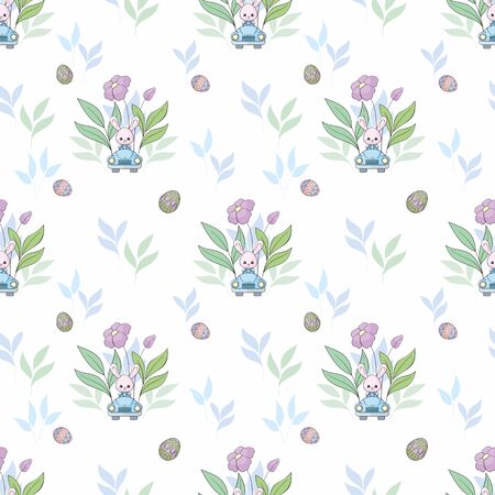 Easter seamless pattern with cute bunnies and colored eggs. Colorful vector background.のイラスト素材