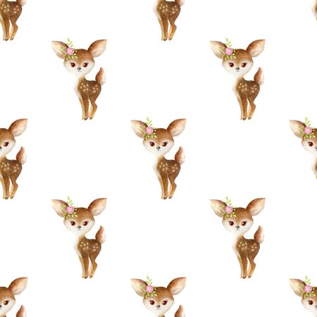 Seamless pattern with cute animals on a white background. Hand painted watercolor illustration.の写真素材