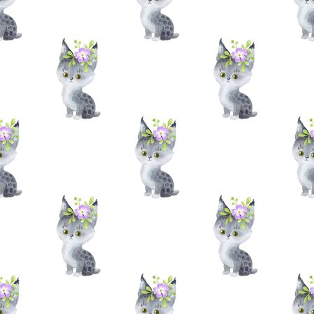 Seamless pattern with cute animals on a white background. Hand painted watercolor illustration.の写真素材