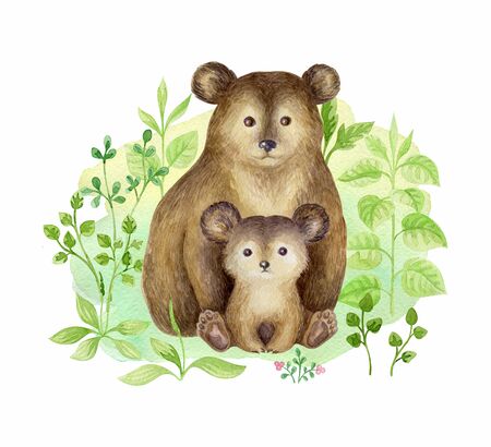 Cute bear and baby. Hand painted watercolor illustration isolated on a white background.の写真素材