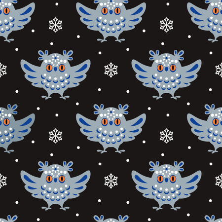 Christmas seamless pattern with cute owl in ethnic style. Colorful vector backgroundのイラスト素材