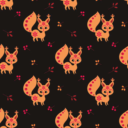 Christmas seamless pattern with cute squirrel in ethnic style. Colorful vector backgroundのイラスト素材
