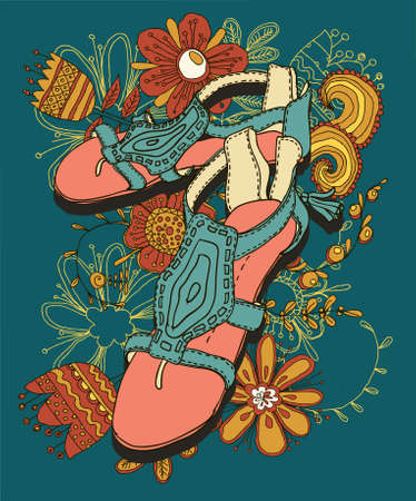 Vector drawing of the shoe on grunge floral backgroundのイラスト素材