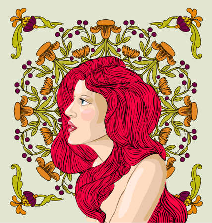 portrait of red hair woman on floral backgroundの写真素材