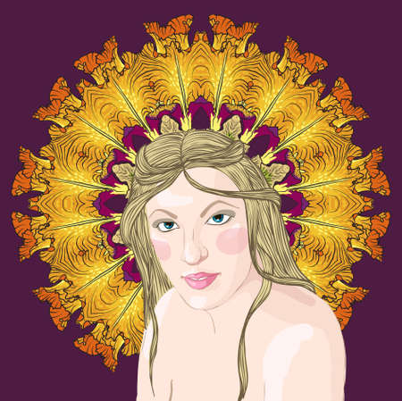 portrait of blond woman on floral backgroundの写真素材