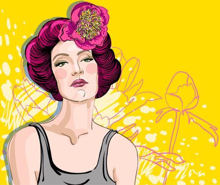 portrait of red hair woman on floral backgroundの写真素材