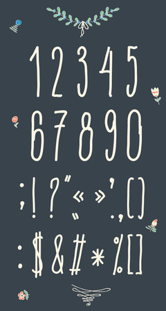 Hand drawn sketch  numbers, digits, symbols set. Vector illustration.のイラスト素材