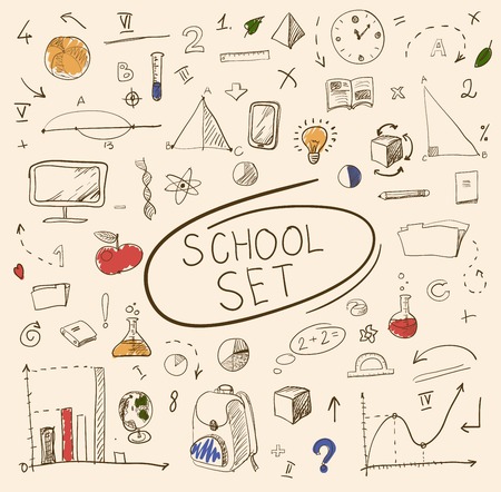 school big doodles set on blackboard illustration のイラスト素材