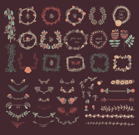 Big set of floral graphic design elements graphic, wreaths, ribbons and labels.のイラスト素材