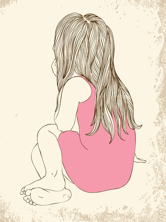 Little girl in a pink dress sitting back hairのイラスト素材