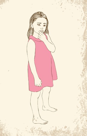 Little girl in a pink dress sitting back hairのイラスト素材