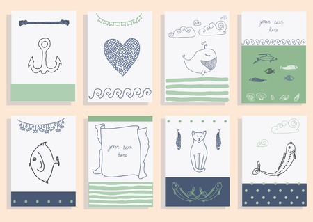 greeting card set cute retro sea objects collection. vector illustrationのイラスト素材