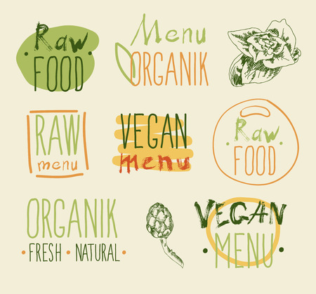 Raw vegan badges. Vector hand drawn labels. calligraphyのイラスト素材