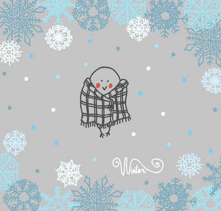 Funny birds bullfinch on winter background snowflakes. Vector illustrationのイラスト素材