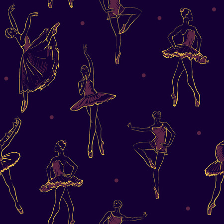 vector sketch of girls ballerina standing in a pose seamless patternのイラスト素材