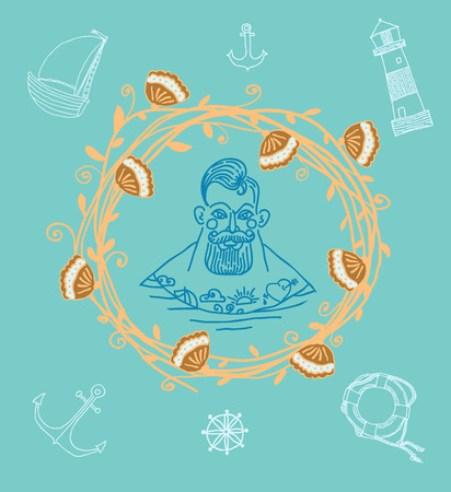 Hand drawn set portrait of bearded and tattooed sailorのイラスト素材