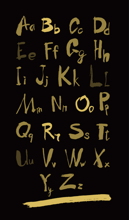 Alphabet letters lowercase, uppercase and numbers. Vector alphabet. Hand drawn letters. Letters of the alphabet written with a paint brush gold on black.のイラスト素材