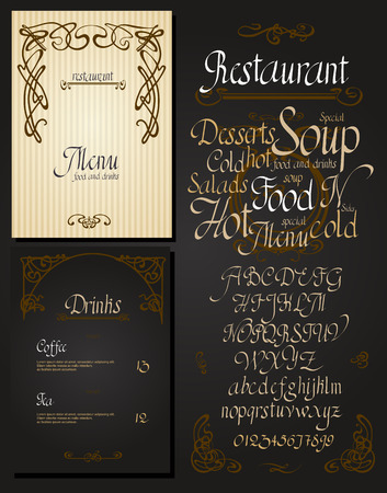 Set of vintage art nouveau styled restaurant menu design and font, lettering, decorative items.のイラスト素材