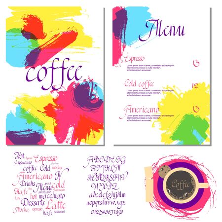 Coffee drink menu Set of artistic creative universal Hand Drawn textures with cursive lettering and different coffee  Abstract watercolor backgroundのイラスト素材