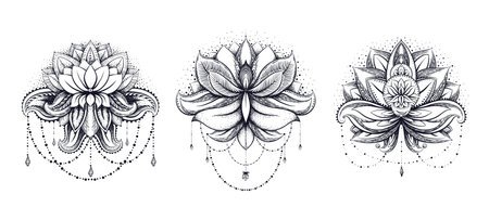 Vector ornamental Lotus set, ethnic zentangled henna tattoo, patterned Indian paisley for adult anti stress coloring pages. Hand drawn illustration in doodle style.のイラスト素材