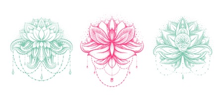 Vector ornamental Lotus set, ethnic zentangled henna tattoo, patterned Indian paisley for adult anti stress coloring pages. Hand drawn illustration in doodle style.のイラスト素材