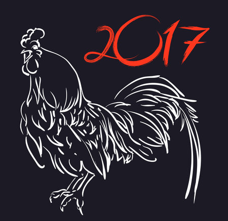 Cock in hand-drawing style doodle. Drawn with ink and pen. Rooster symbol of Chinese New Year. Vector illustration. In full growth.のイラスト素材