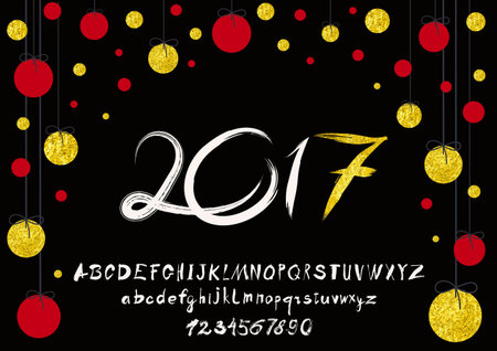 2017 vector image of handwritten, brush. calligraphy, gold glitter sketch texture, font. Handwritten brush style modern calligraphy cursive typeface. Typography alphabet for Designsのイラスト素材