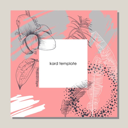 Greenery greeting invitation card template design, flowers and leaves with hand drawn doodle graphics on white background, purple and green tonesのイラスト素材